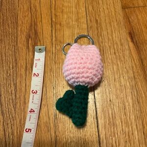 Pink Crocheted Flower Keychain with Green Leaf Accent